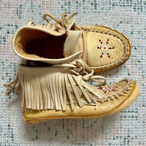 Kids Leather Fringe Moccasin Shoes with Beaded Accent